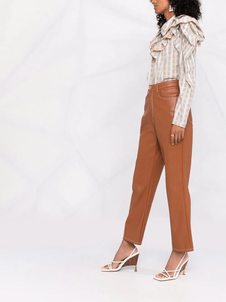 ruffled-neck check pattern blouse