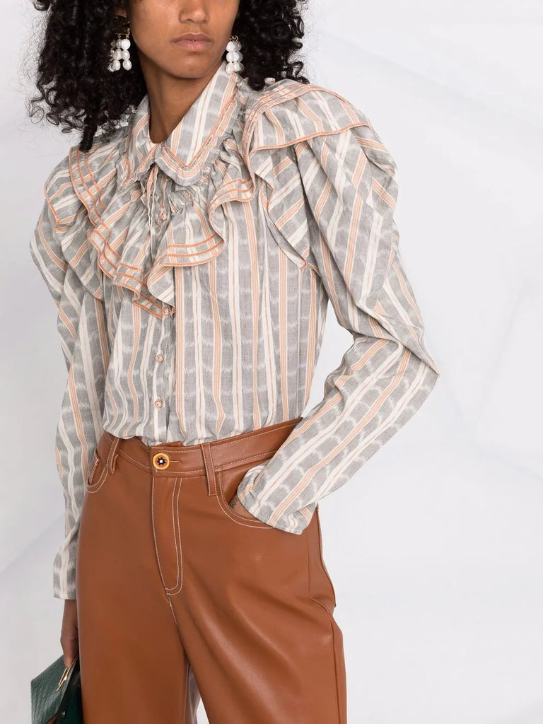 ruffled-neck check pattern blouse