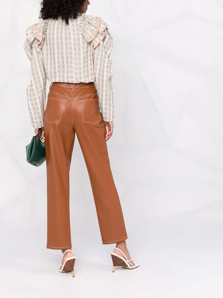 ruffled-neck check pattern blouse