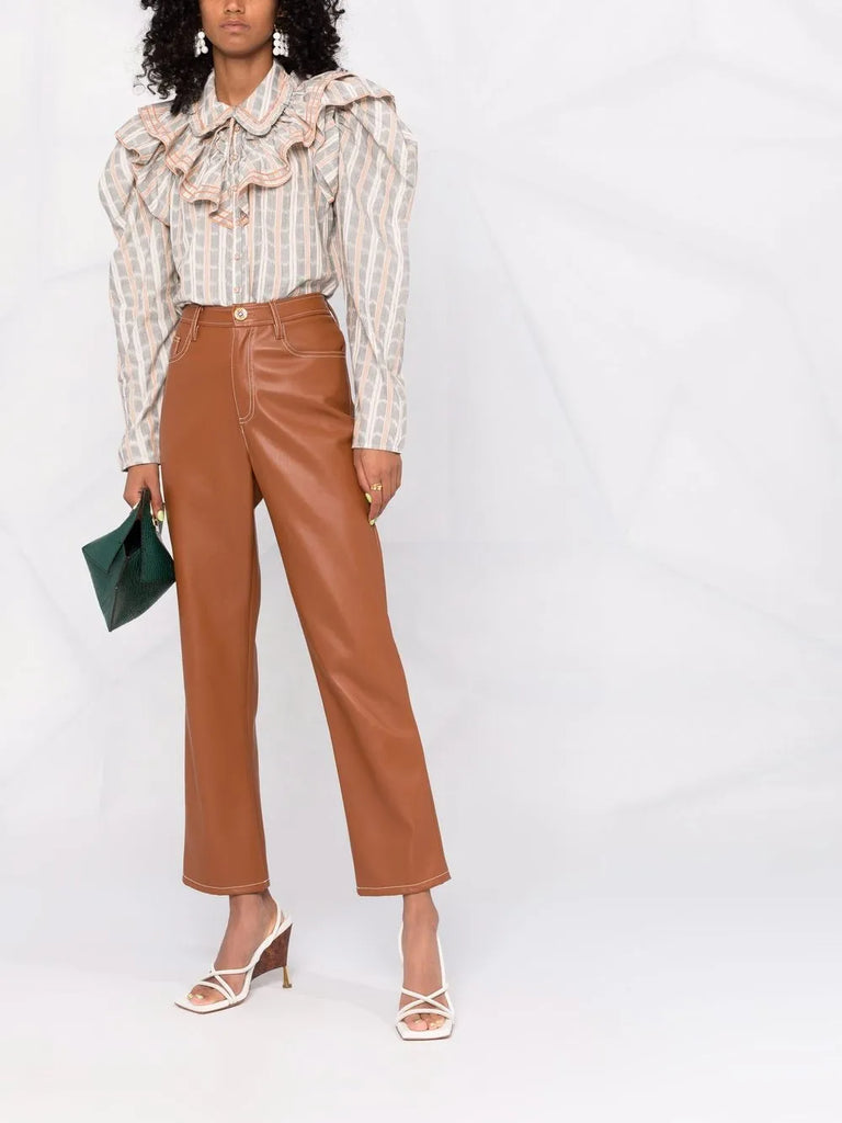 ruffled-neck check pattern blouse