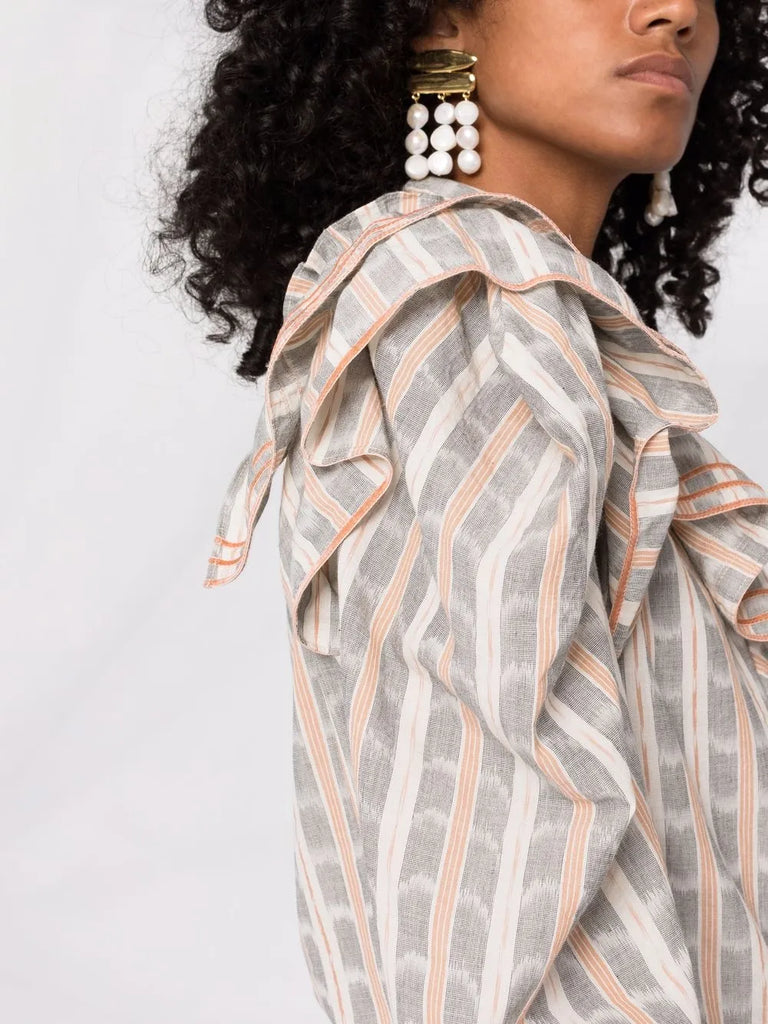 ruffled-neck check pattern blouse