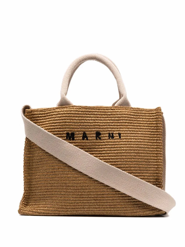 logo-lettering raffia tote bag