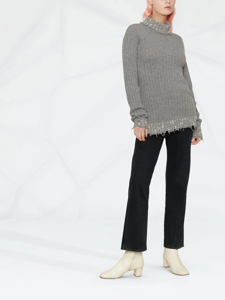 Raw-cut edge high-neck knitted jumper