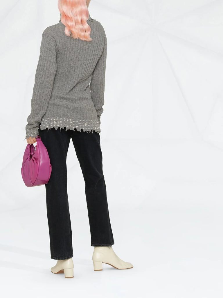 Raw-cut edge high-neck knitted jumper