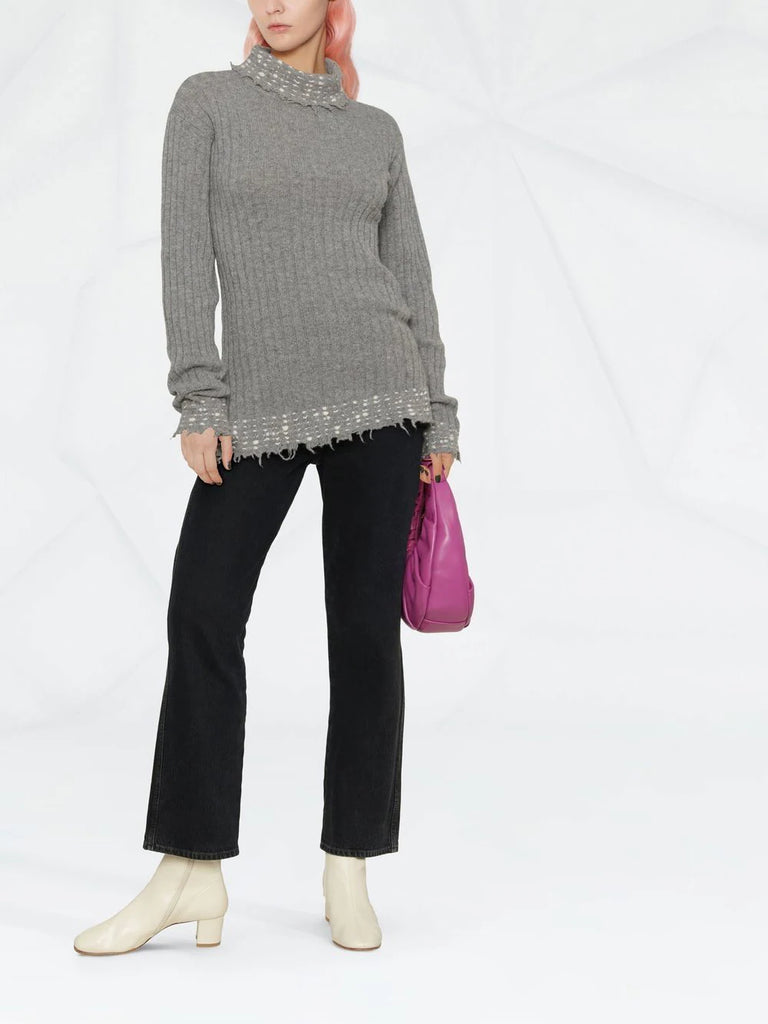 Raw-cut edge high-neck knitted jumper