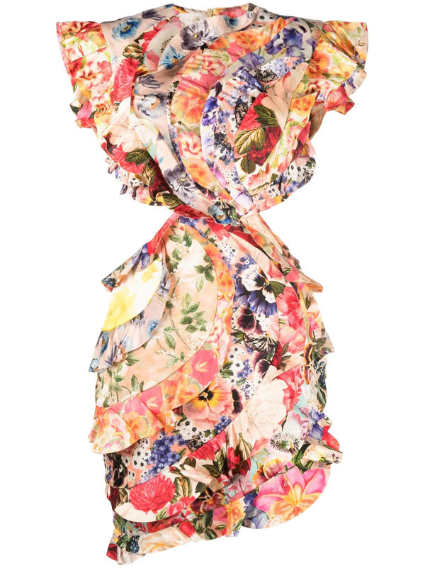 Spliced floral-print mini dress