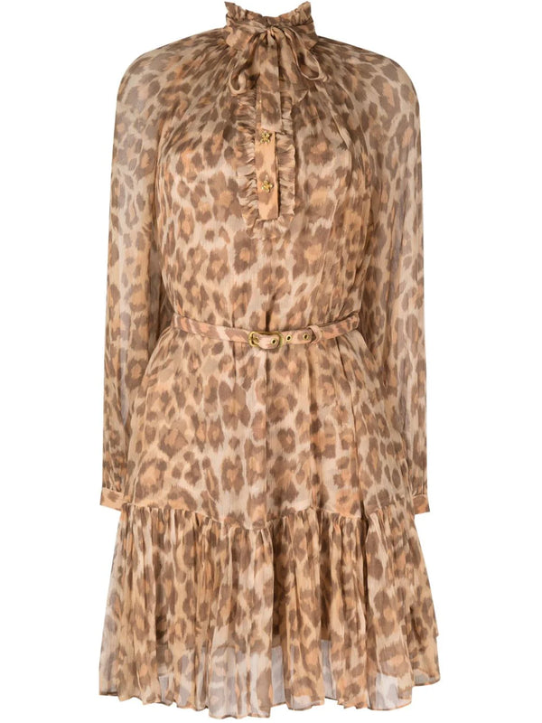 Leopard-print belted-waist minidress