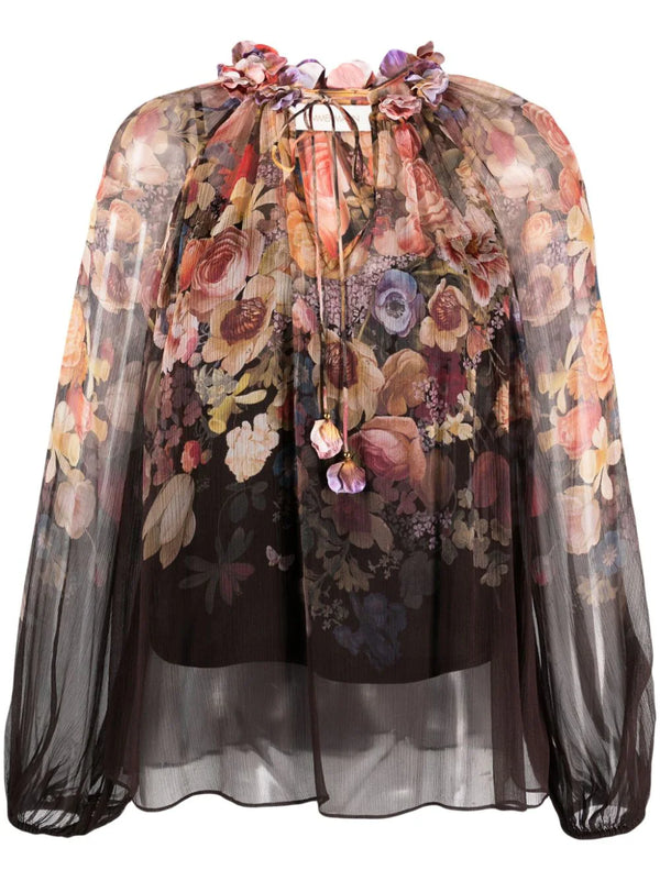 Gathered-neck floral-print blouse