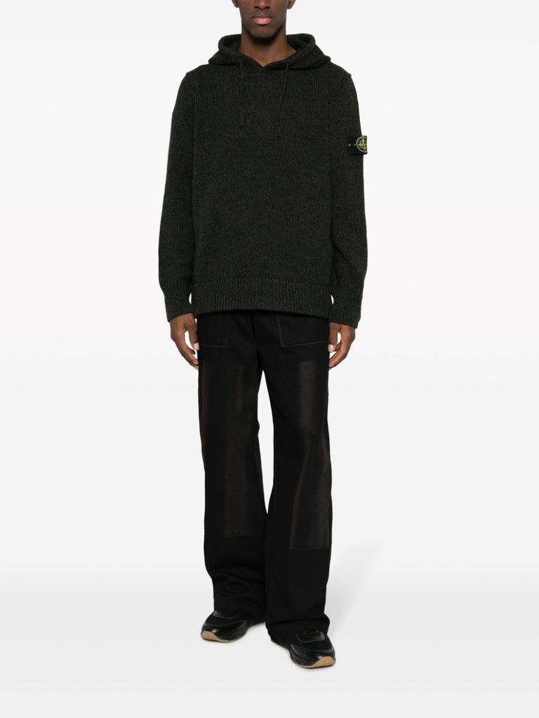 Compass-patch ribbed-knit mélange knitwear hoodie
