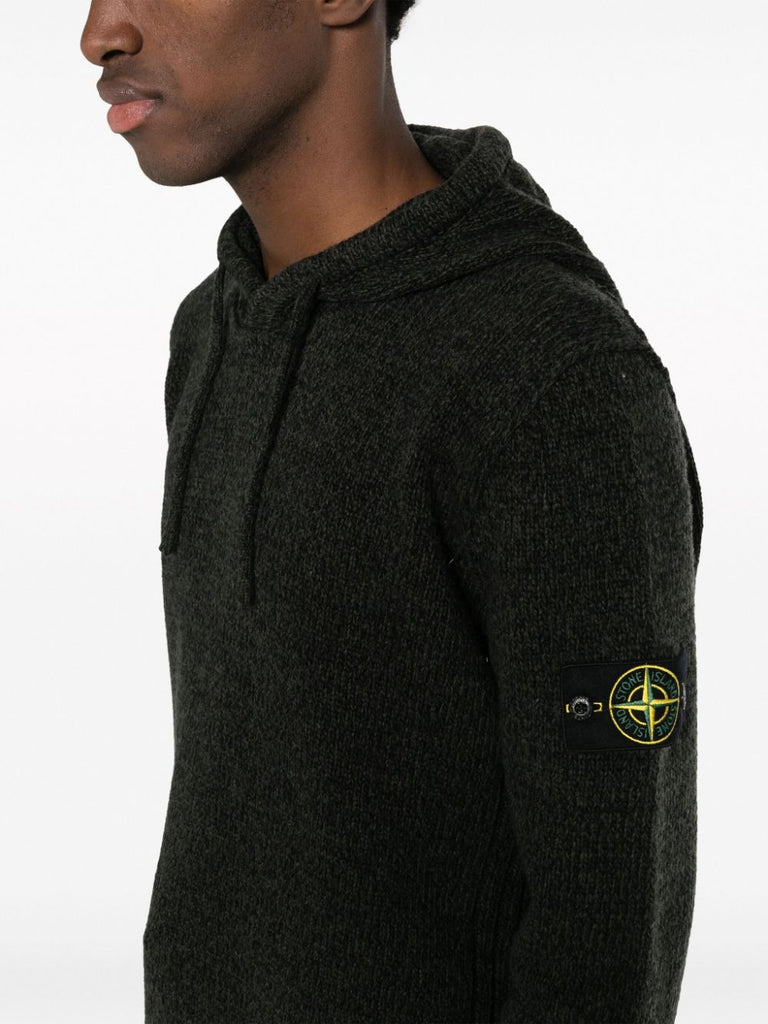 Compass-patch ribbed-knit mélange knitwear hoodie