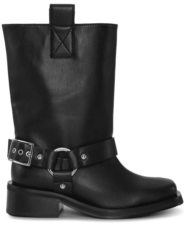 buckle-strap leather biker boots