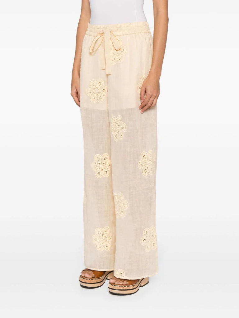 Acadian floral-embroidered ramie trousers