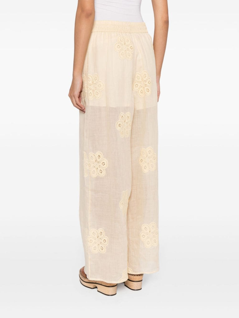 Acadian floral-embroidered ramie trousers