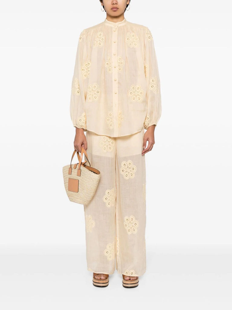 Acadian floral-embroidered ramie trousers