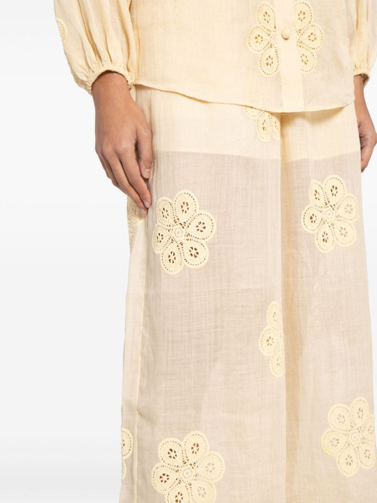 Acadian floral-embroidered ramie trousers