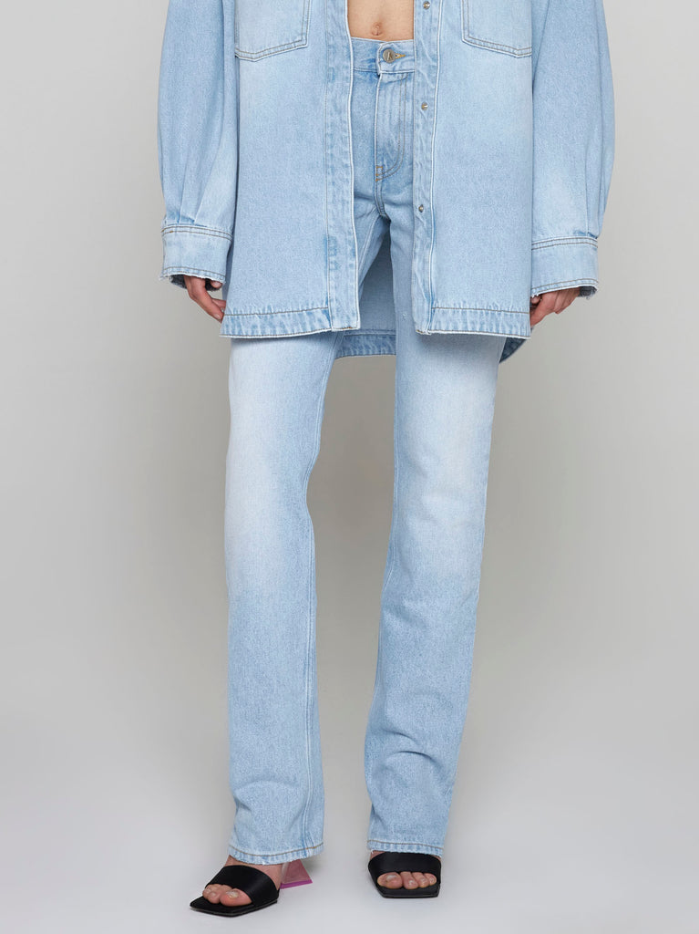 sky blue high-waisted straight-leg denim jeans