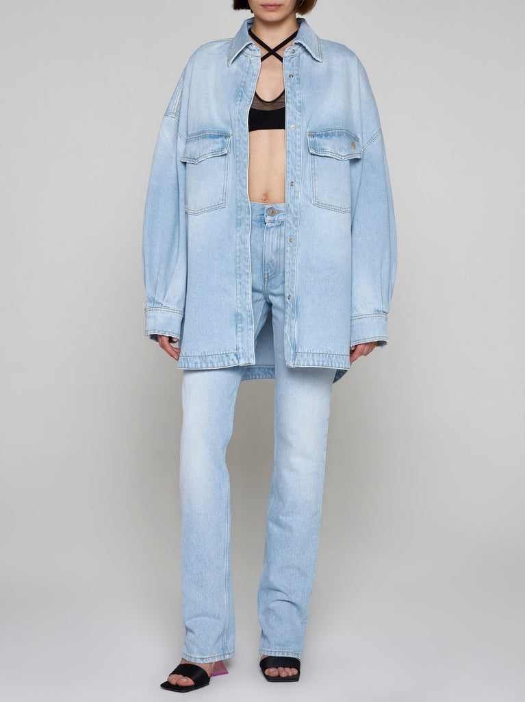 sky blue high-waisted straight-leg denim jeans