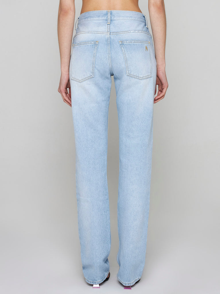 sky blue high-waisted straight-leg denim jeans