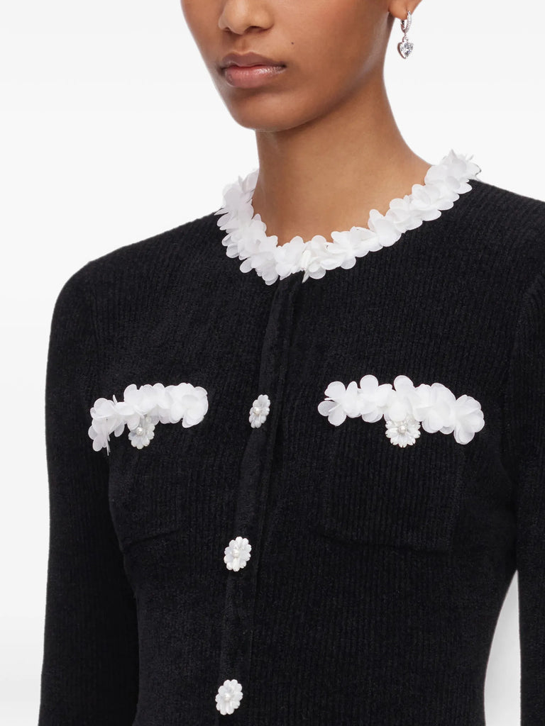 black chenille knit flower-trim mini dress