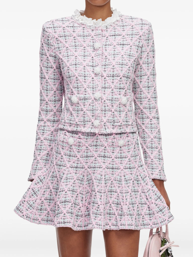 pink check knit cardigan