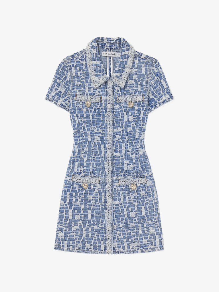 blue collared textured denim mini dress