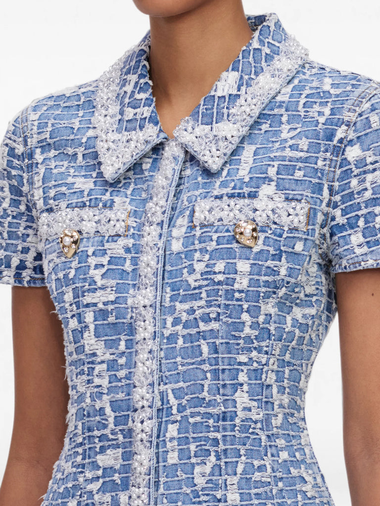 blue collared textured denim mini dress