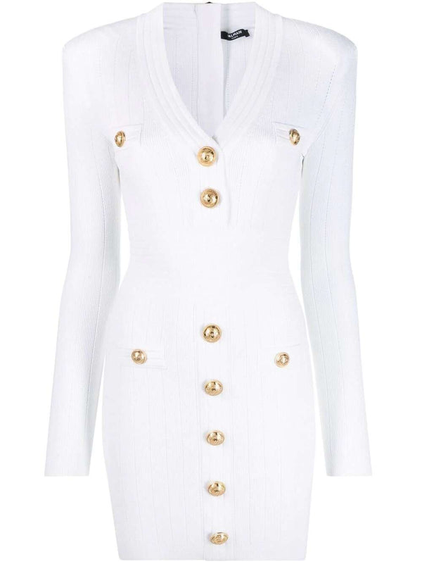 Button-embellished ribbed-knit minidress