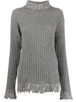 Raw-cut edge high-neck knitted jumper
