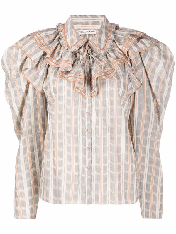 ruffled-neck check pattern blouse