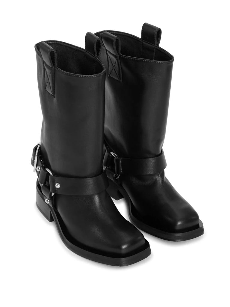 buckle-strap leather biker boots