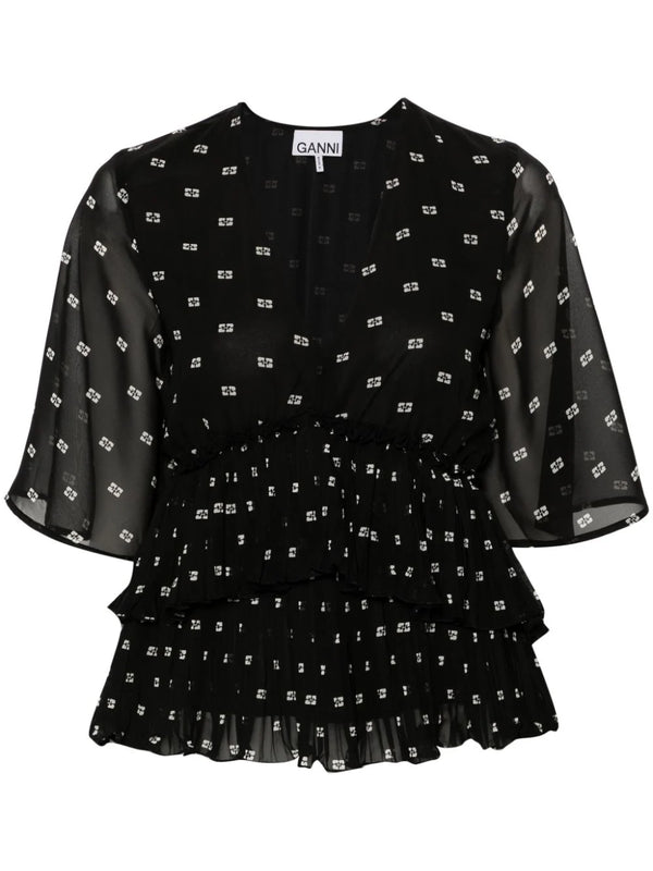 graphic-print V-neck pleated blouse