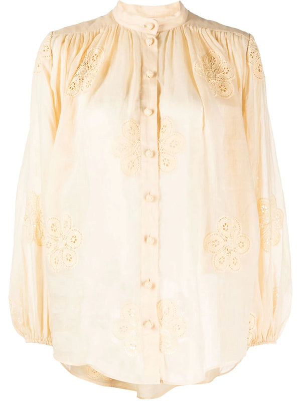 Acadian floral-embroidered blouse
