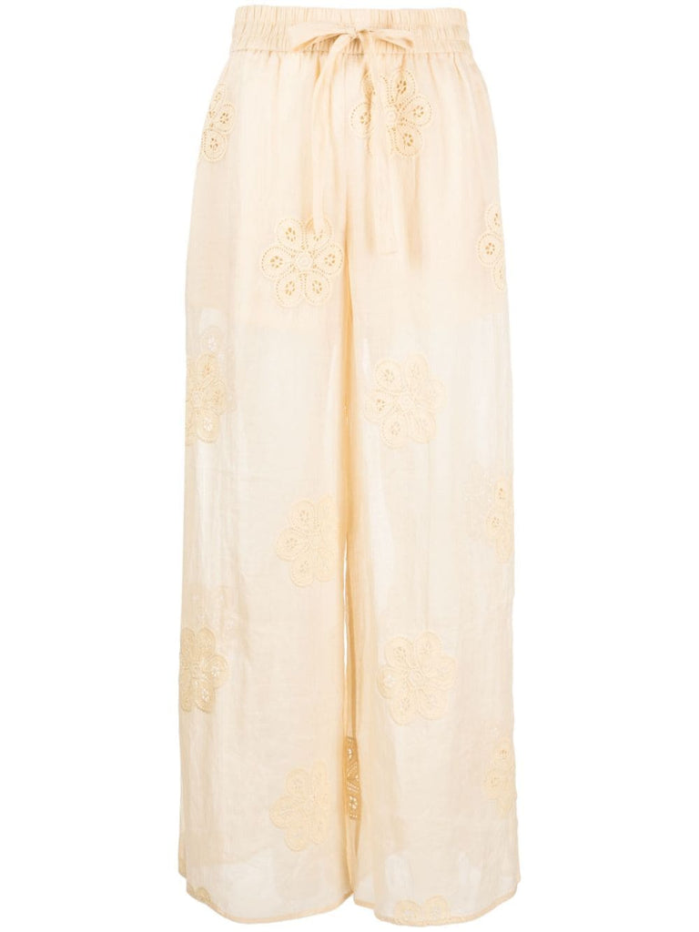 Acadian-Hose aus Ramie mit Blumenstickerei 
