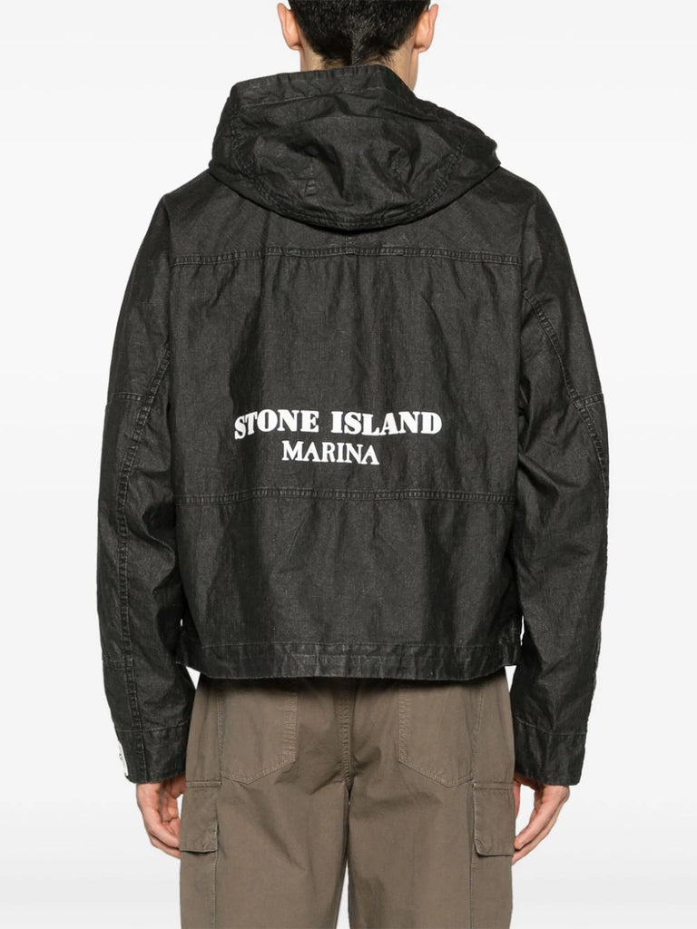 logo-print hooded linen jacket