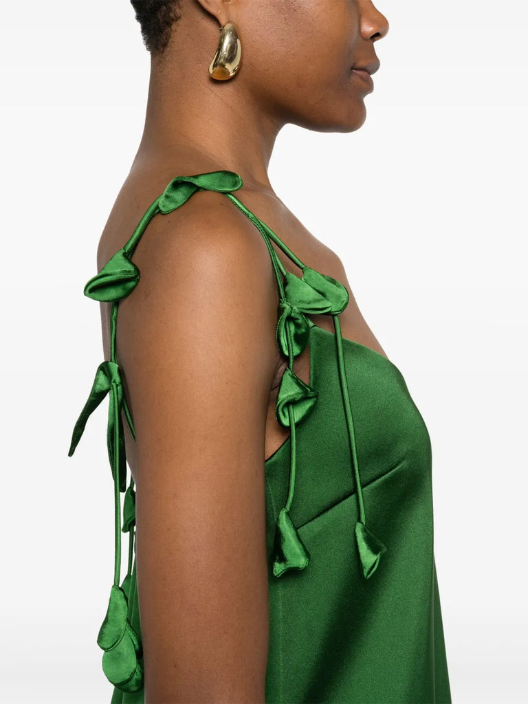satin flower-embellished mini dress