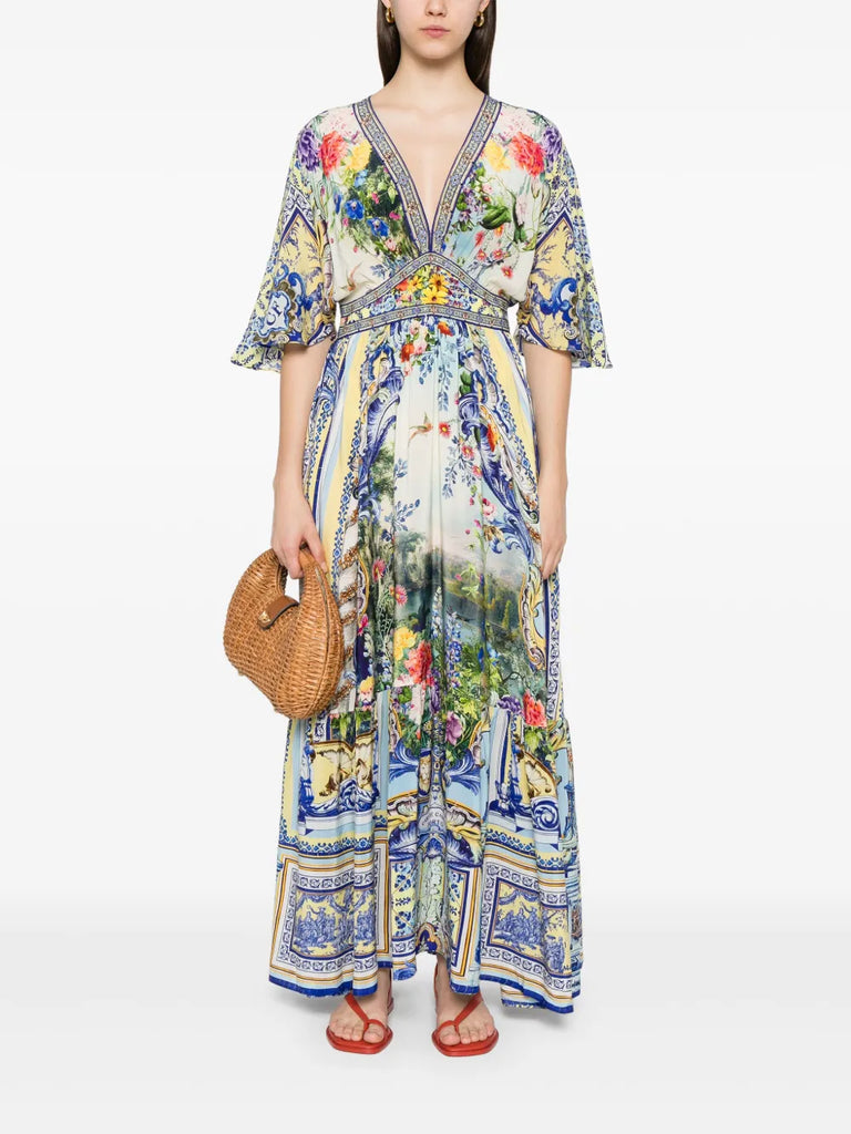 fitted-waist silk maxi dress