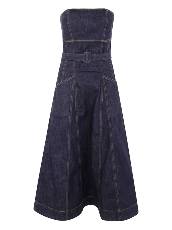 strapless belted denim midi dress