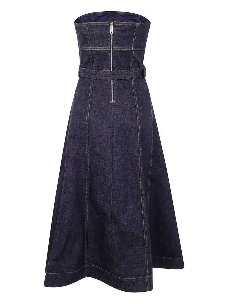 strapless belted denim midi dress