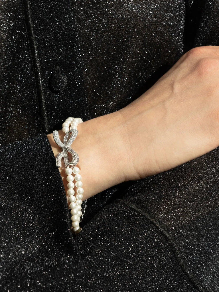 crystal-bow faux pearl-double strand bracelet