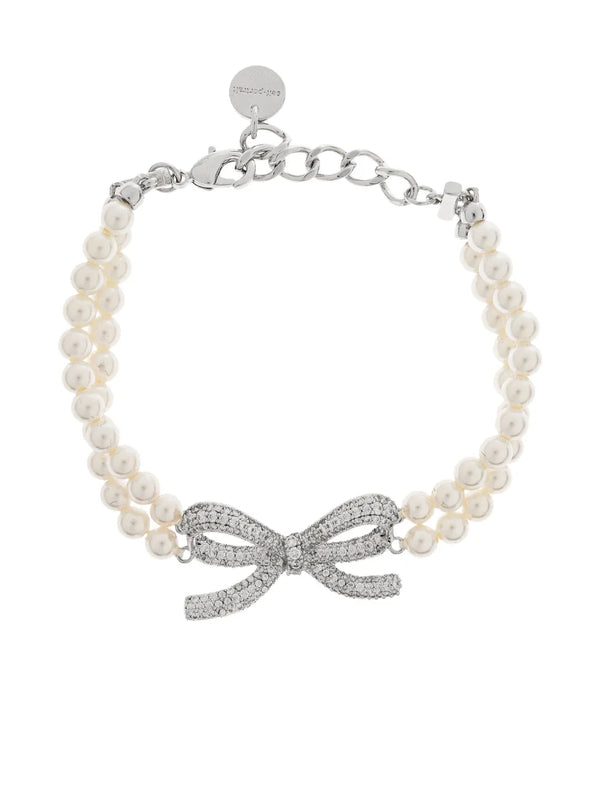 crystal-bow faux pearl-double strand bracelet