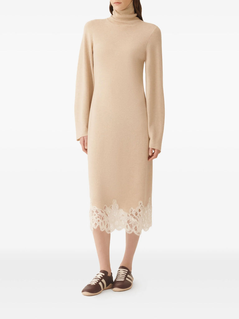roll-neck lace-trim dress