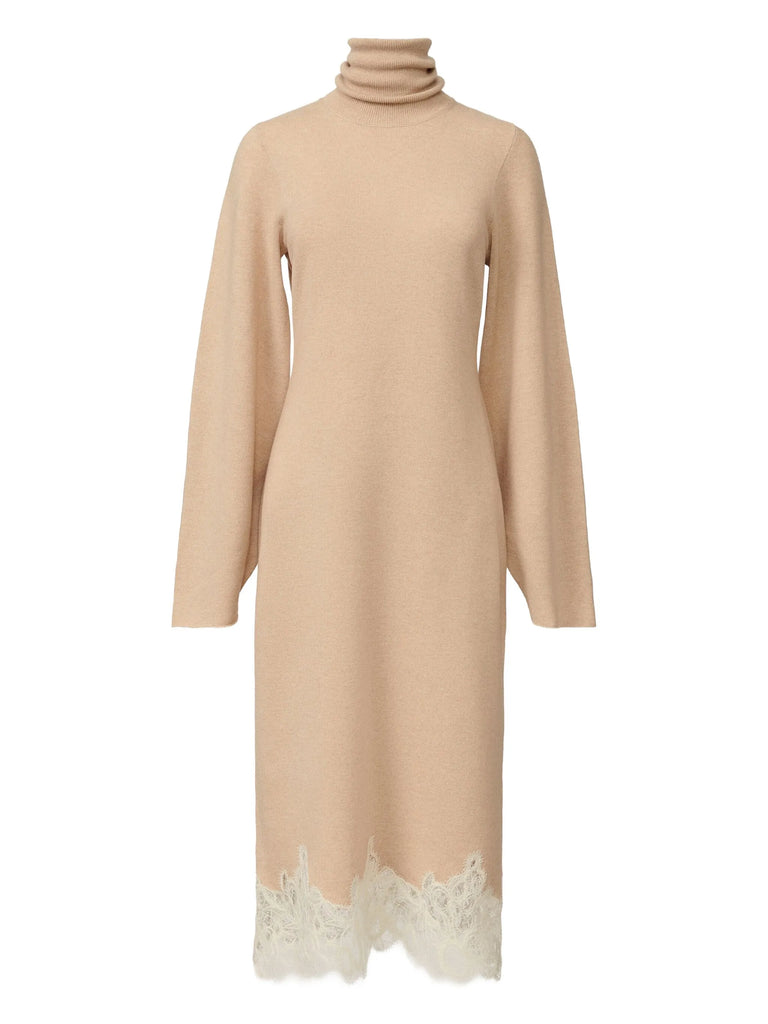 roll-neck lace-trim dress