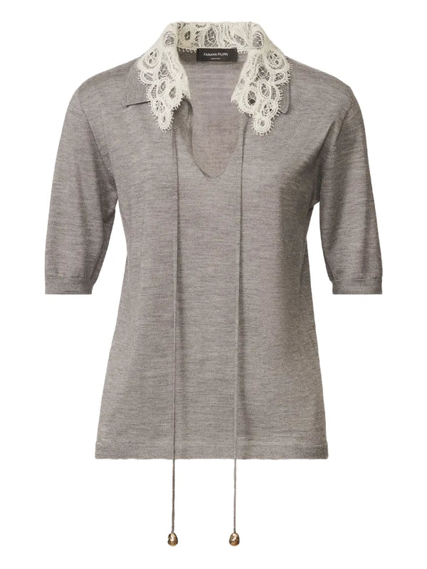 lace-collar short-sleeved top