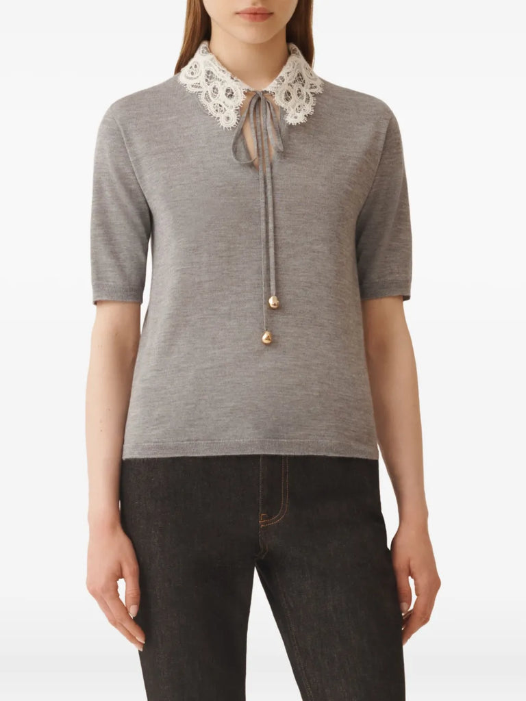 lace-collar short-sleeved top