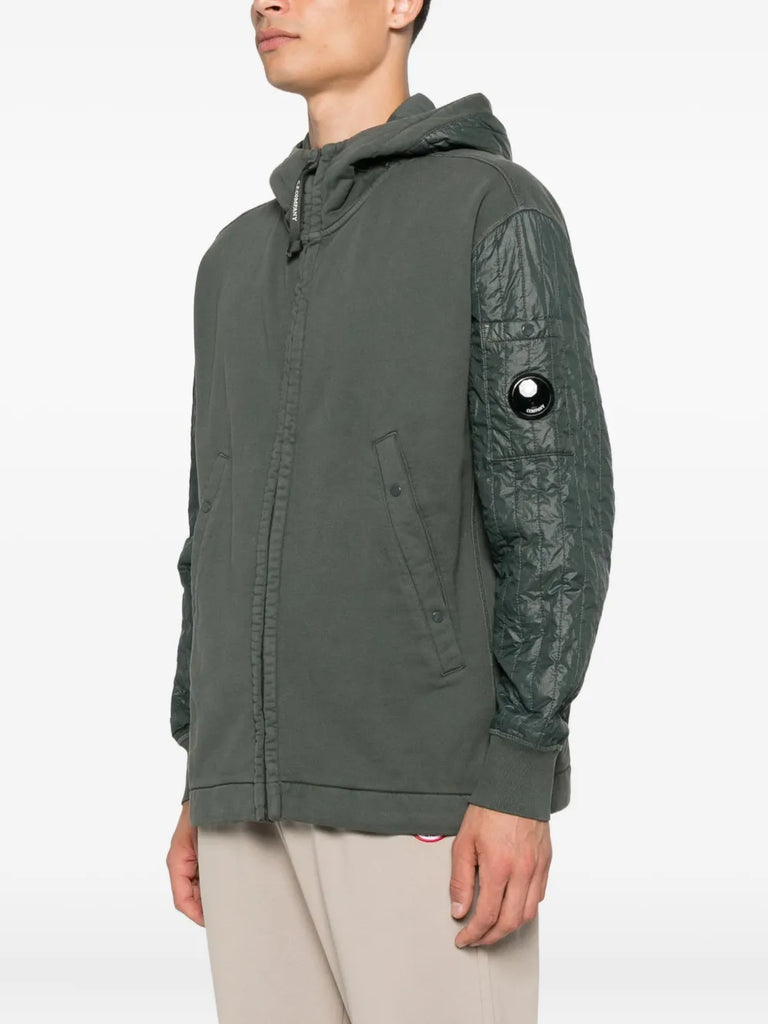 hooded quilted-sleeve zip-up jacket