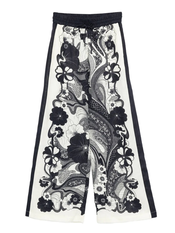 floral-print linen trousers