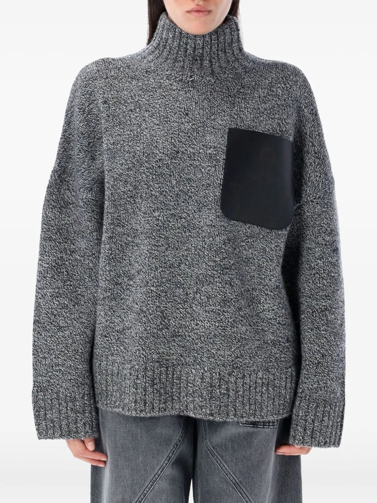 high-neck leather-patch sweater