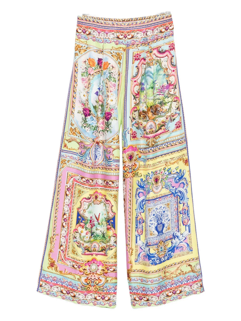 floral-panelled silk trousers