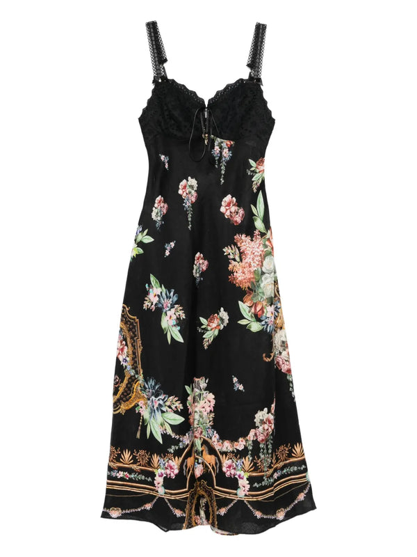 lace-trimmed floral-print midi dress