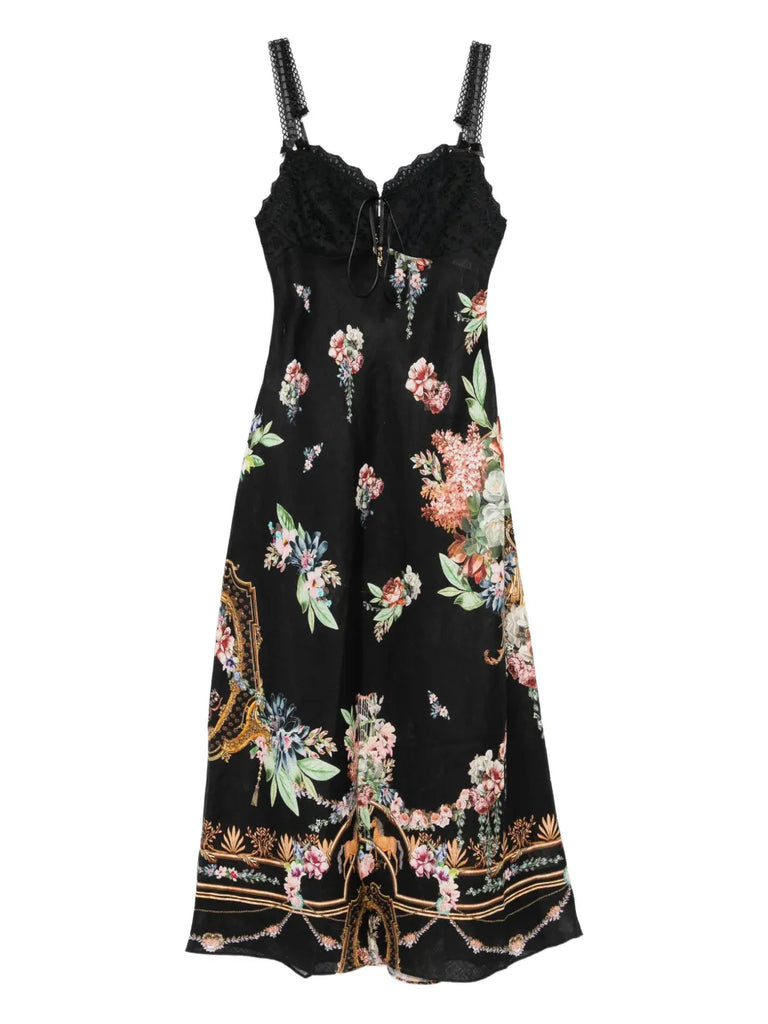lace-trimmed floral-print midi dress